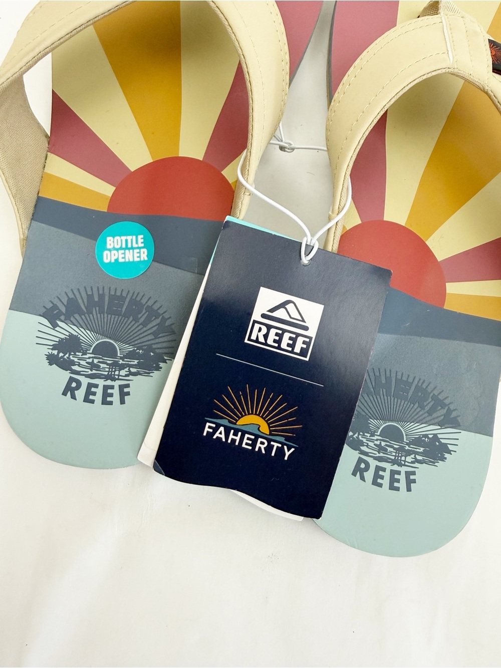 Faherty X Reef Sun And Waves Eva Unisex Flip Flops Bottle Opener Tan Newport - Picture 4 of 13
